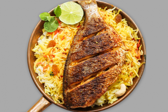 Fried fish with biriyani